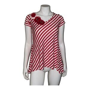 Monamie USA Red & White Striped T-Shirt Floral Embellishment Vintage Small EUC